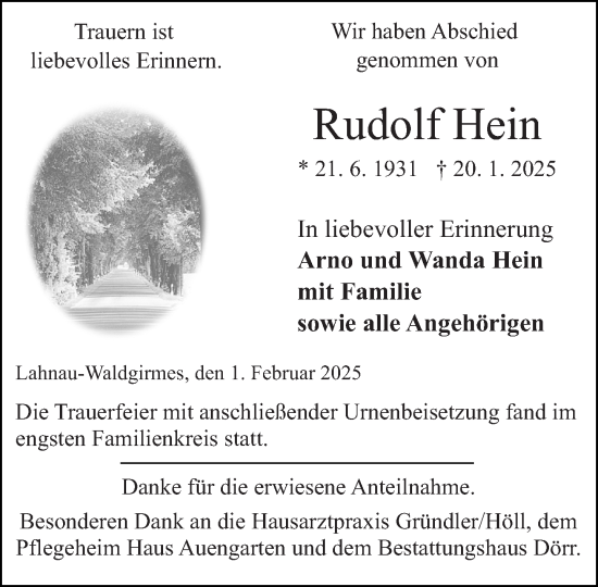 Traueranzeige von Rudolf Hein von Wetzlarer Neue Zeitung