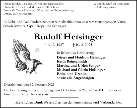 Traueranzeige von Rudolf Heisinger von Dill Block