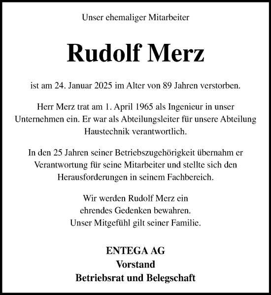 Traueranzeige von Rudolf Merz von Odenwälder Echo