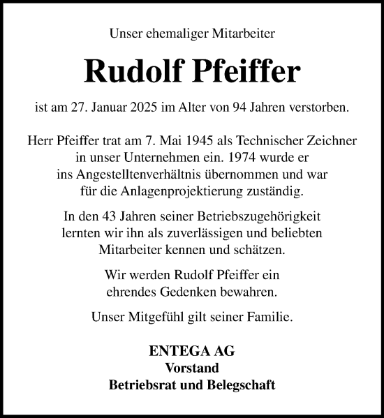 Traueranzeige von Rudolf Pfeiffer von Odenwälder Echo