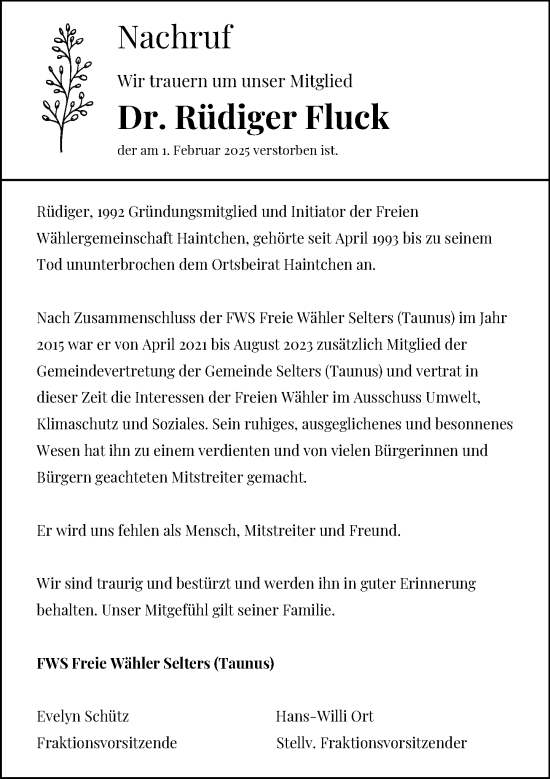 Traueranzeige von Rüdiger Fluck von Camberger Anzeiger