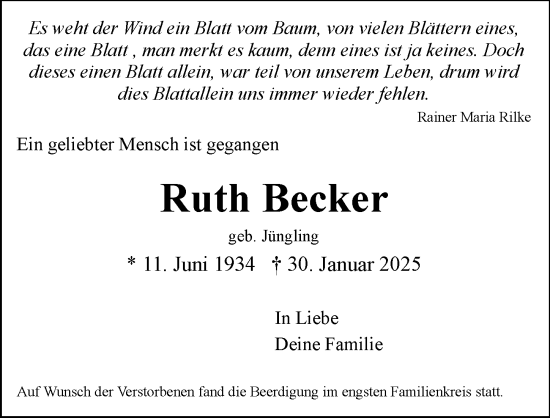 Traueranzeige von Ruth Becker von Rüsselsheimer Echo