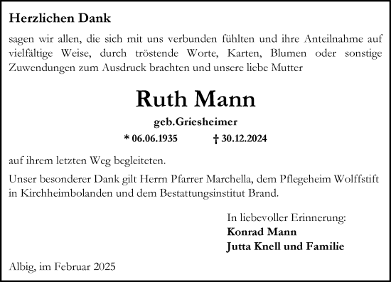 Traueranzeige von Ruth Mann von Allgemeine Zeitung Alzey