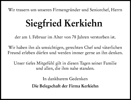 Traueranzeige von Siegfried Kerkiehn von Hinterländer Anzeiger