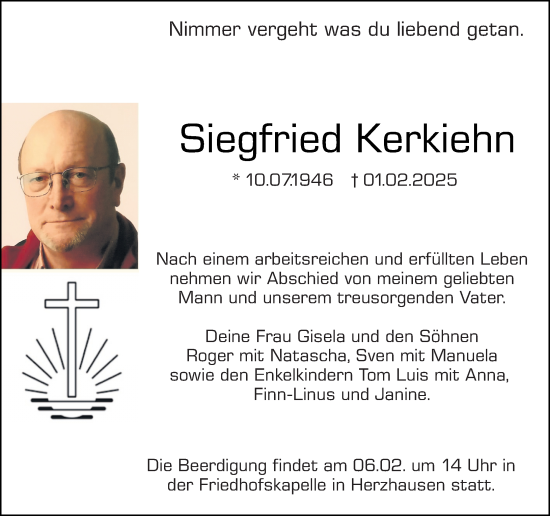 Traueranzeige von Siegfried Kerkiehn von Hinterländer Anzeiger