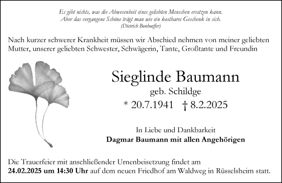 Traueranzeige von Sieglinde Baumann von Rüsselsheimer Echo