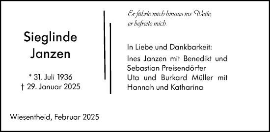 Traueranzeige von Sieglinde Janzen von Dill Block