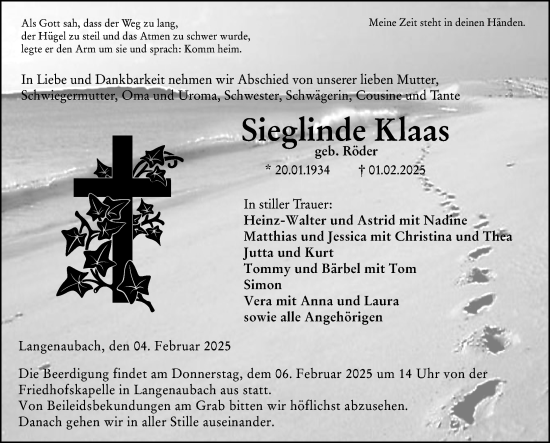 Traueranzeige von Sieglinde Klaas von Dill Block