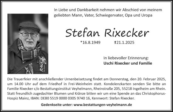 Traueranzeige von Stefan Rixecker von Allgemeine Zeitung Mainz