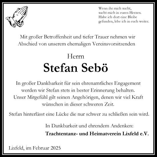 Traueranzeige von Stefan Sebö von Hinterländer Anzeiger