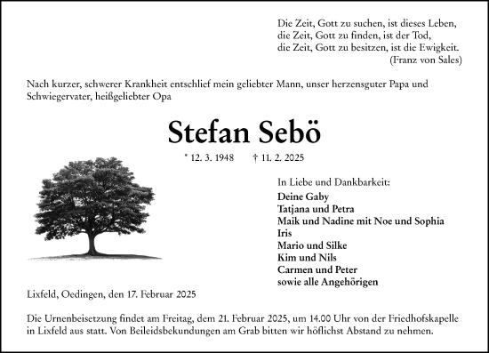 Traueranzeige von Stefan Sebö von Hinterländer Anzeiger