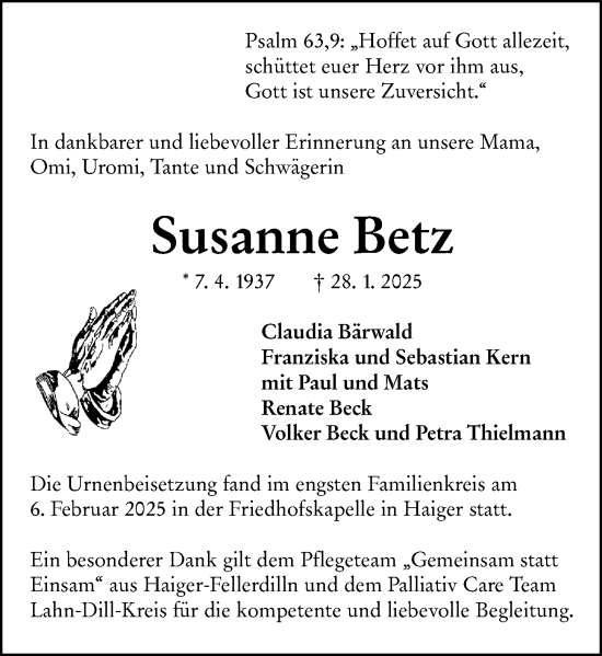 Traueranzeige von Susanne Betz von Dill Block