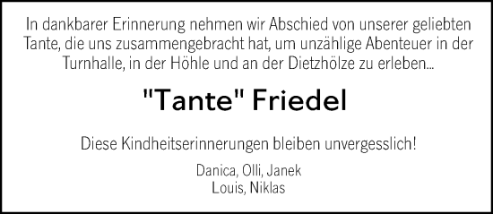 Traueranzeige von Tante Friedel  von Dill Block