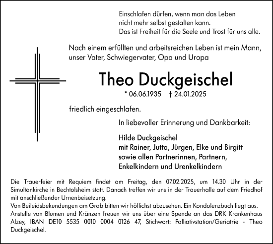 Traueranzeige von Theo Duckgeischel von Allgemeine Zeitung Alzey
