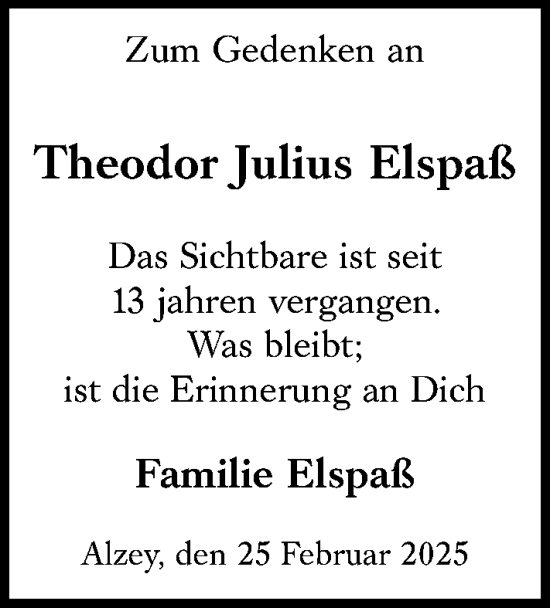 Traueranzeige von Theodor Julius Elspaß von Allgemeine Zeitung Alzey