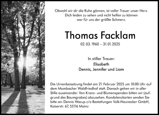 Traueranzeige von Thomas Facklam von Allgemeine Zeitung Mainz