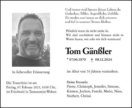 Traueranzeige von Tom Gänßler von Wiesbadener Kurier