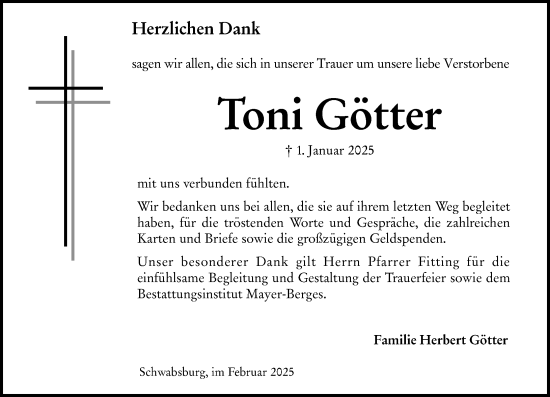 Traueranzeige von Toni Götter von Allgemeine Zeitung Mainz