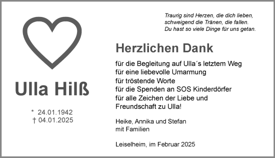 Traueranzeige von Ulla Hilß von Wormser Zeitung