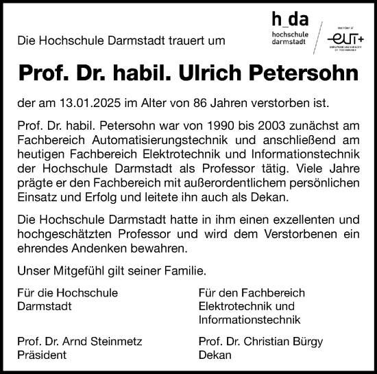 Traueranzeige von Ulrich Petersohn von Darmstädter Echo