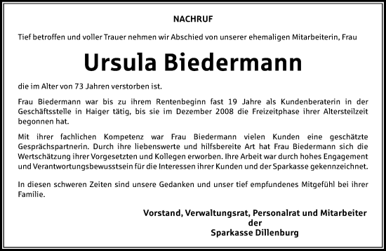Traueranzeige von Ursula Biedermann von Dill Block