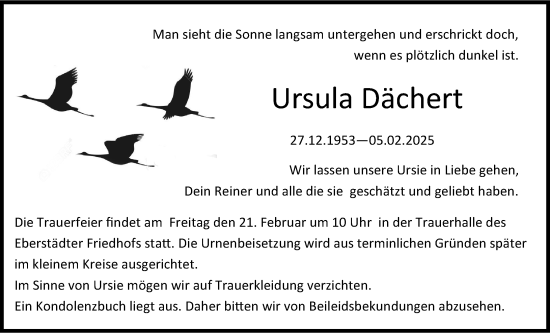 Traueranzeige von Ursula Dächert von Darmstädter Echo