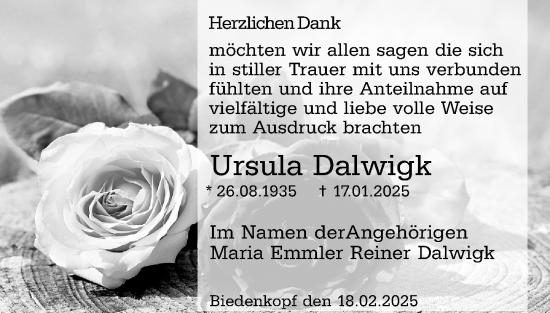 Traueranzeige von Ursula Dalwigk von Hinterländer Anzeiger