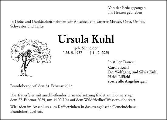 Traueranzeige von Ursula Kuhl von Wetzlarer Neue Zeitung