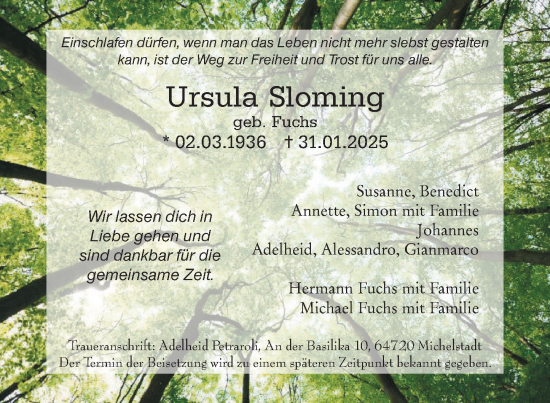 Traueranzeige von Ursula Sloming von Odenwälder Echo