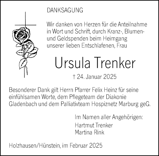 Traueranzeige von Ursula Trenker von Hinterländer Anzeiger