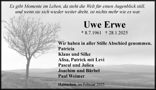 Traueranzeige von Uwe Erwe von Camberger Anzeiger