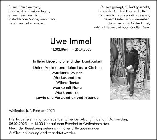 Traueranzeige von Uwe Immel von Hinterländer Anzeiger