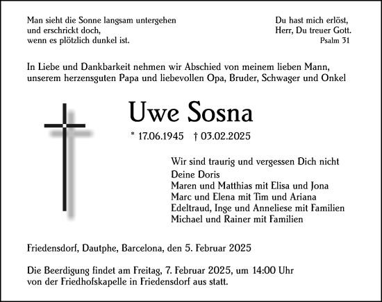 Traueranzeige von Uwe Sosna von Hinterländer Anzeiger