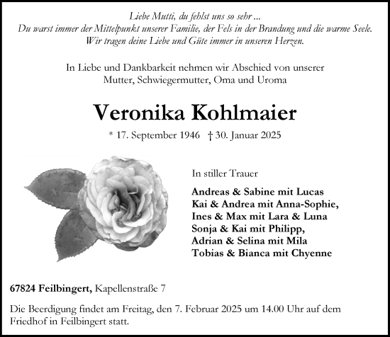 Traueranzeige von Veronika Kohlmaier von Allgemeine Zeitung Rheinhessen-Nahe