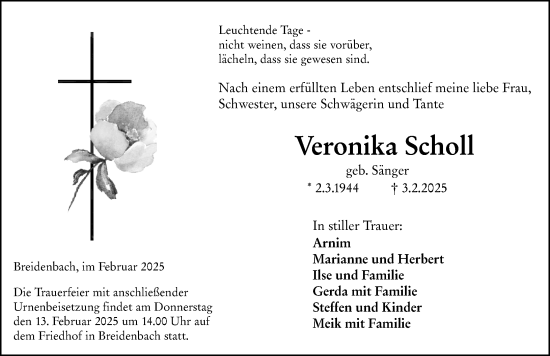 Traueranzeige von Veronika Scholl von Hinterländer Anzeiger