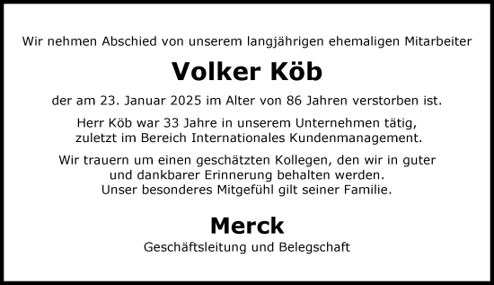 Traueranzeige von Volker Köb von Darmstädter Echo