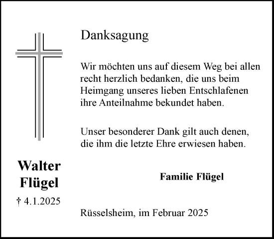 Traueranzeige von Walter Flügel von Rüsselsheimer Echo