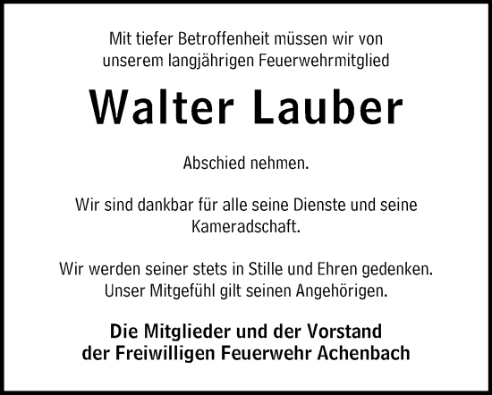 Traueranzeige von Walter Lauber von Hinterländer Anzeiger