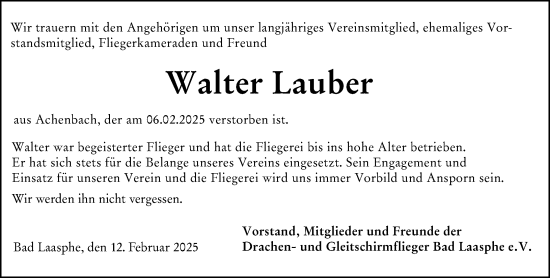 Traueranzeige von Walter Lauber von Hinterländer Anzeiger