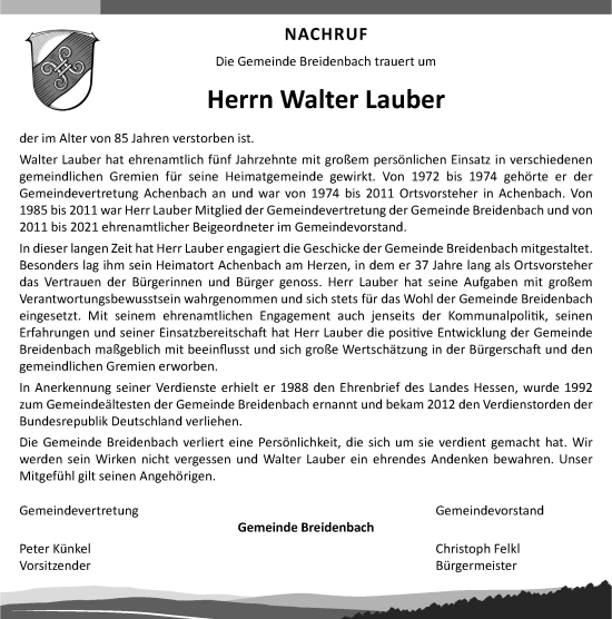 Traueranzeige von Walter Lauber von Hinterländer Anzeiger
