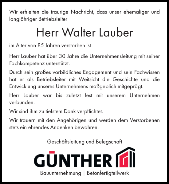 Traueranzeige von Walter Lauber von Hinterländer Anzeiger