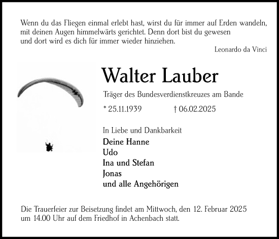 Traueranzeige von Walter Lauber von Hinterländer Anzeiger