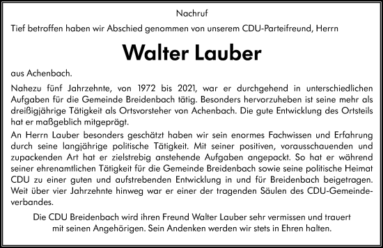 Traueranzeige von Walter Lauber von Hinterländer Anzeiger