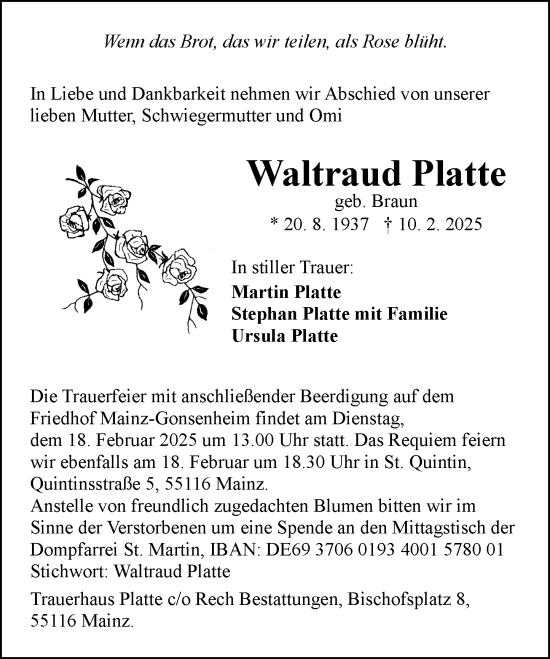 Traueranzeige von Waltraud Platte von Allgemeine Zeitung Mainz