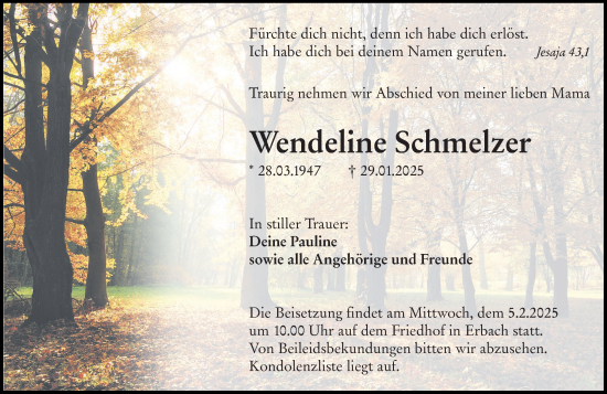 Traueranzeige von Wendeline Schmelzer von Odenwälder Echo