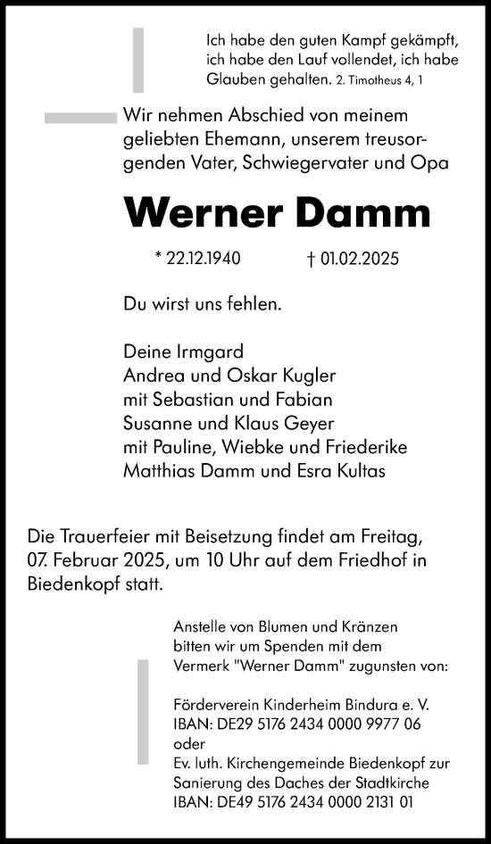 Traueranzeige von Werner Damm von Hinterländer Anzeiger