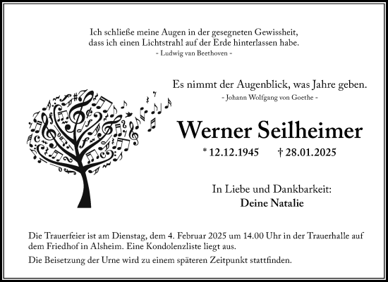 Traueranzeige von Werner Seilheimer von Wormser Zeitung