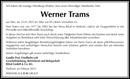 Traueranzeige von Werner Trams von Dill Block