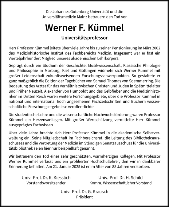 Traueranzeige von Werner F. Kümmel von Allgemeine Zeitung Mainz