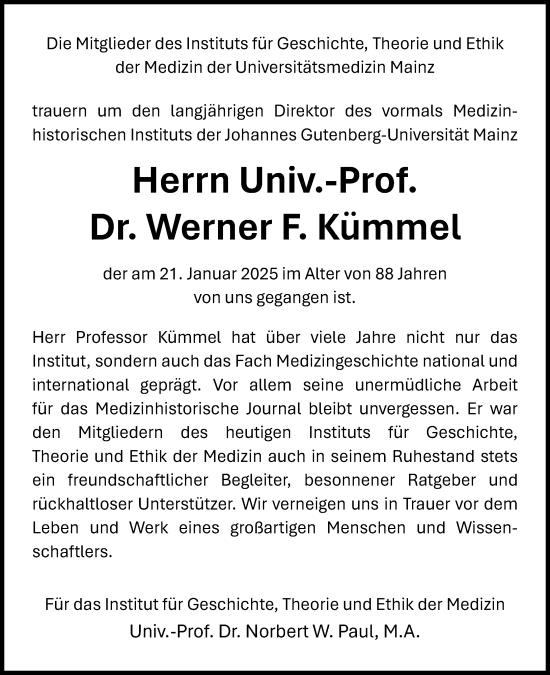 Traueranzeige von Werner F. Kümmel von Allgemeine Zeitung Mainz